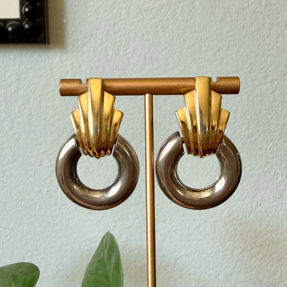 Vintage Givenchy Signed Two Tone Gold & Silver Door Knocker Pierced Earrings